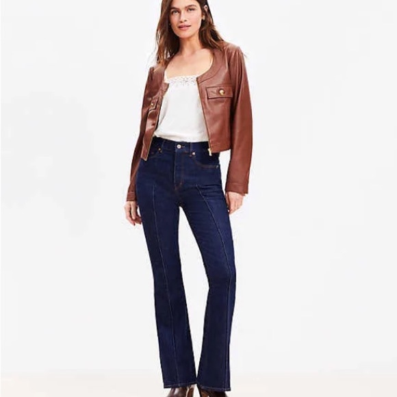 LOFT High Rise Slim Flare Pintucked Jeans Dark Blue TheKick Crop Jeans - Picture 12 of 12